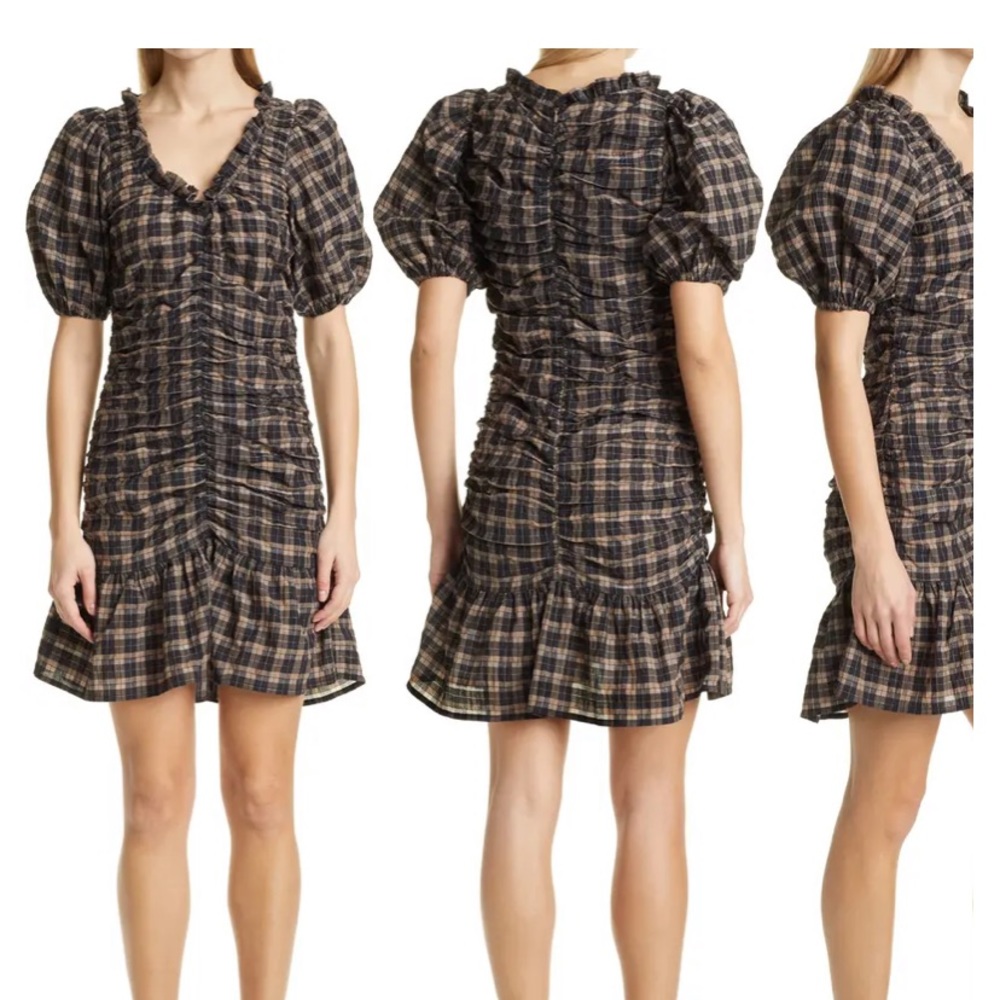Ganni ruched gingham seersucker puff sleeve dress
